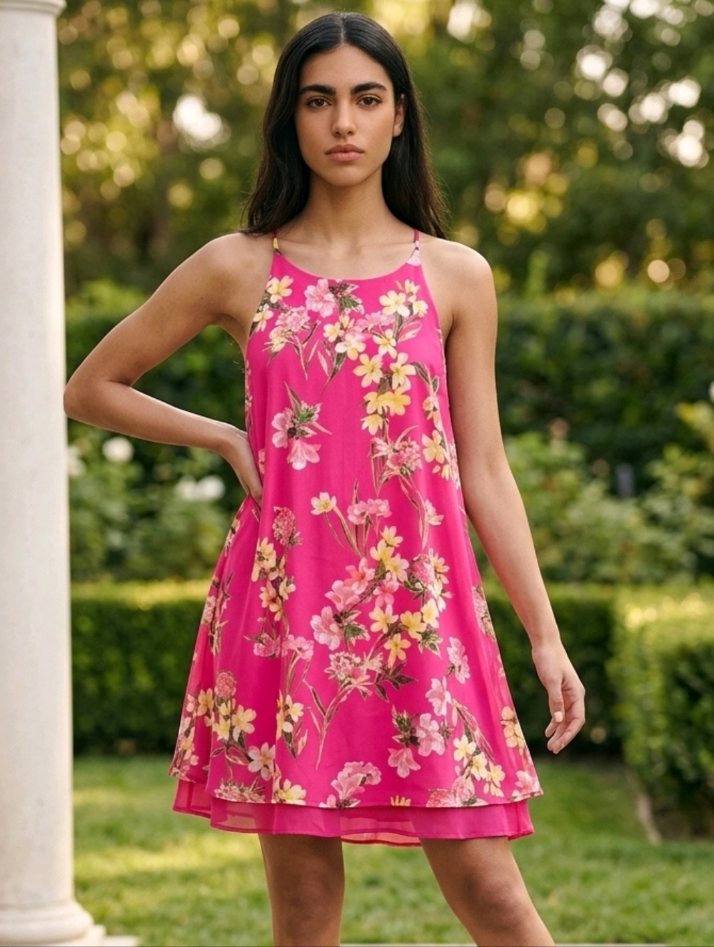 Pink Rose Floral Chiffon Shift Mini Dress Hot Pink Sleeveless Halter Keyhole M